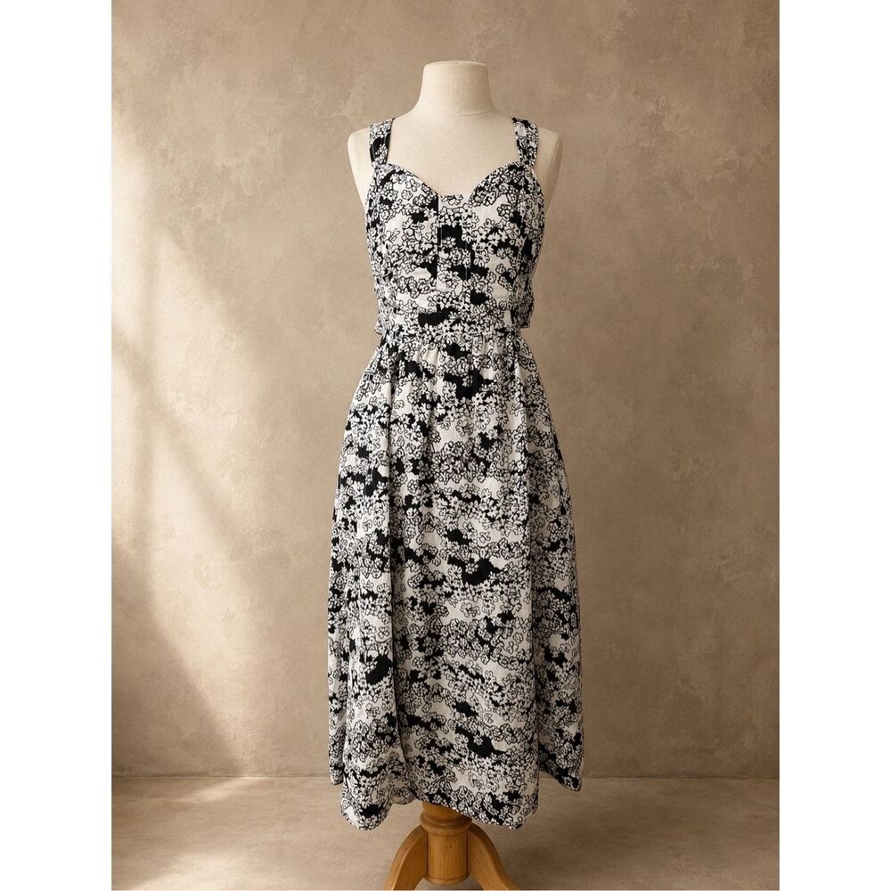 Anthropologie Sz M Printed Midi Dress Black White Floral Cutout Sundress